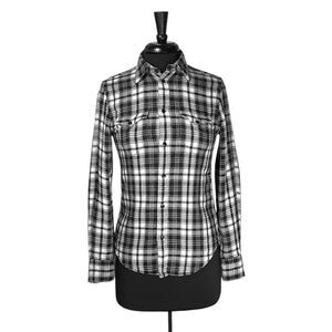 Polo Ralph Lauren Womens 14 Ivory Black Check Plaid Western Snap Shirt Flannel